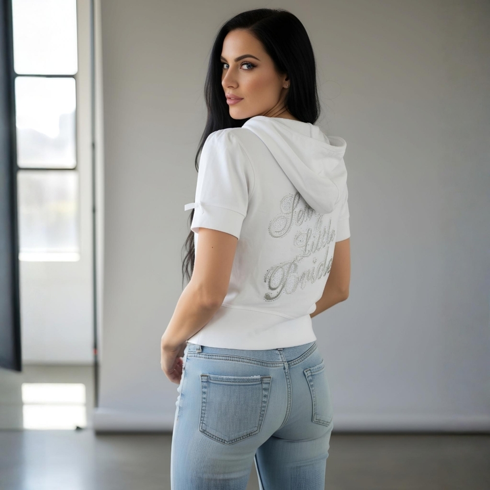 Victorias Secret ✦ Sexy Little Bride White Hoodie ✦ Rhinestone Zip Bow Sleeve M